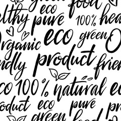 Eco seamless pattern.  Hand written lettering with leaves and hearts. Organic product, bio, natural background. Typography design.  Creative pattern for print, textile, flyer design, wear, templalate.