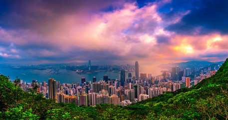 Obraz premium Panorama Hong Kong City skyline at sunrise. Hongkong skyscraper view from The peak.