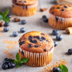 Blueberry muffin over a stone table, consumer view 