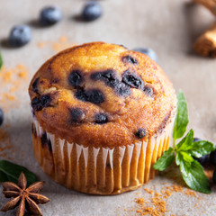 Blueberry muffin over a stone table 