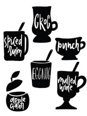 Hot alcohol drinks. Hand drawn lettering. Illustration of different cups and glasses with the name of drink inside. Black silhouettes.