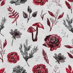 Aluminium Prints Gothic Seamless pattern with watercolor flowers, plants on gray crafting background. Gothic background