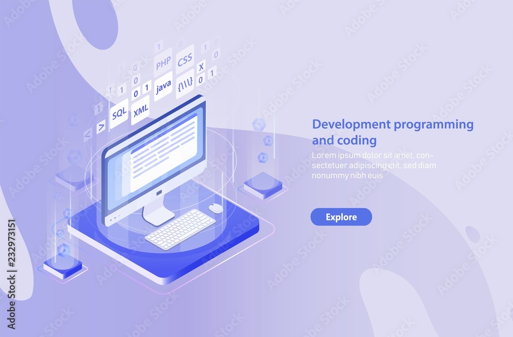 Poster Horizontal banner template with computer, keyboard, mouse pad and place for text. Web application, internet software or website development, program coding. Modern isometric vector illustration.