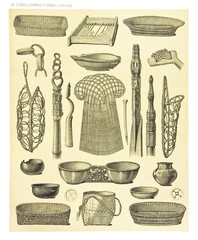 Ancient detailed ethnic collection of african baskets and bowls, coast of Dutch New Guinea, isolated elements. By F.S.A. De Clercq and J.D.E. Schmeltz Leiden 1893 New Guinea