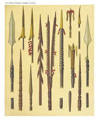Ancient detailed ethnic collection of african decorated spears and spades, coast of Dutch New Guinea, isolated elements. By F.S.A. De Clercq and J.D.E. Schmeltz Leiden 1893 New Guinea