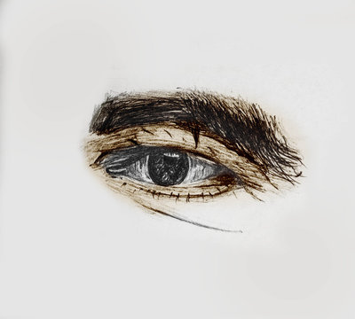 Hand Drawn And Painted Human Eye Of A Old Man With Thick Eyebrows