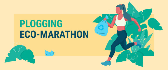 Young woman picking up litter during plogging eco-marathon. Colorful flat vector illustration for banners and web on yellow background.