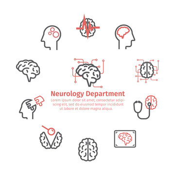Neurology Center round banner. Line icons. Clinic icons. Brain signs. Vector illustration