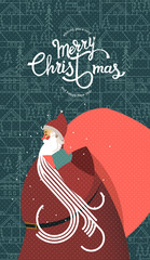 Wishing you a very Merry Christmas and Happy New year. Santa Claus with a big bag, winter calligraphy and pattern background. Vector illustration.