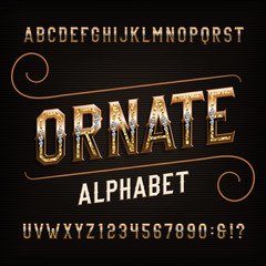 Ornate alphabet font. Golden effect letters and numbers with diamonds. Stock vector typescript for your typography design.