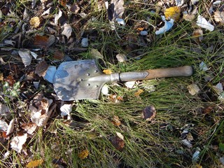 Soldier's shovel in the forest near the tree. Little engineer shovel.