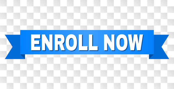 ENROLL NOW text on a ribbon. Designed with white title and blue stripe. Vector banner with ENROLL NOW tag on a transparent background.