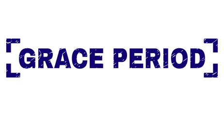 GRACE PERIOD text seal print with grunge texture. Text title is placed inside corners. Blue vector rubber print of GRACE PERIOD with unclean texture.