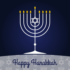 Happy Hanukkah poster or greeting card with menorah. Vector illustration.