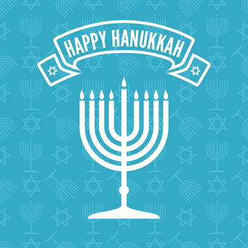Happy Hanukkah poster or greeting card with menorah. Vector illustration.