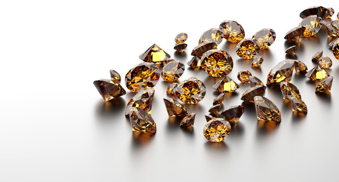 
Yellow diamonds placed on white background, 3D illustration.
