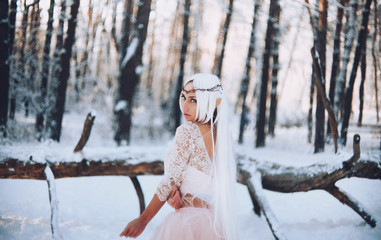 Beautiful girl elf in a dress in the fairy forest