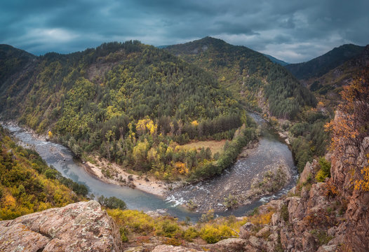 Panoramic view of an autumn forest and meanders of Arda river near Kardzhali, Bulgaria