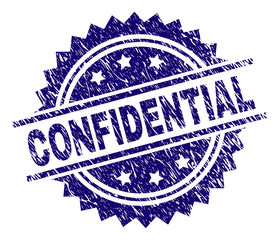 CONFIDENTIAL stamp seal watermark with distress style. Blue vector rubber print of CONFIDENTIAL title with dirty texture.