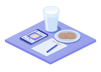 Message to Santa Claus, a smartphone, a glass of milk and cookies on a plate. Isometric christmas concept. Vector illustration