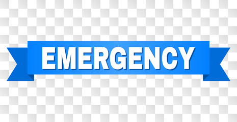 EMERGENCY text on a ribbon. Designed with white title and blue stripe. Vector banner with EMERGENCY tag on a transparent background.