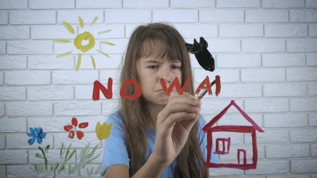 No war. The little girl asks to stop the war. Figure on the glass.