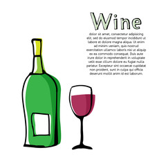 Bottle of wine and wineglass doodle style drawing with offset effect.