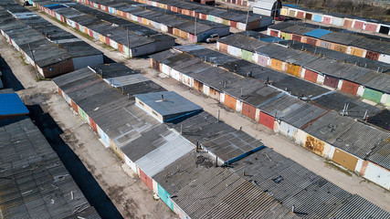 Aerial view of a large number of parking garages