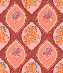 red, peach and orange beautiful ogee seamless pattern tile with floral decorative elements for creative surface designs, textile, fabric, backgrounds, wallpaper, backdrops, cards and templates