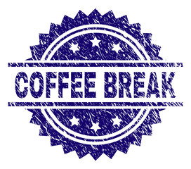 COFFEE BREAK stamp seal watermark with distress style. Blue vector rubber print of COFFEE BREAK caption with scratched texture.