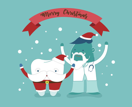 Merry Christmas of dental with santa claus tooth and dentist.