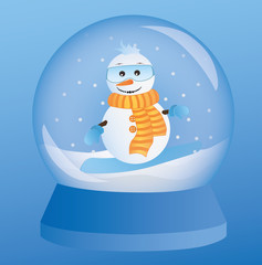 Isolated snowman in a glass ball with snowflakes. Vector illustration.