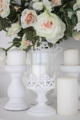 Wedding bouquet of white roses in a vase. Wedding decorations. White Rose.