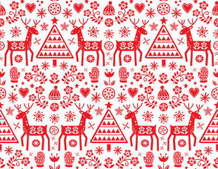 Christmas folk art vector seamless pattern with reindeer, flowers, Xmas tree and winter clothes design in red on white background - Merry Christmas ornament. 
