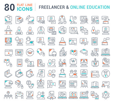 Set Vector Line Icons of Freelancer and Online Education.