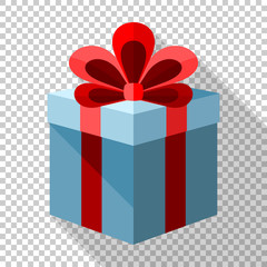Gift box icon with red bow in flat style with long shadow on transparent background