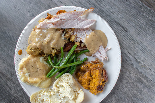 Thanksgiving Or Christmas Meal Plate With Turkey Flat Lay