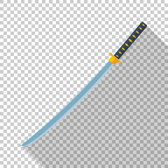 Katana sword icon in flat style with long shadow on transparent background