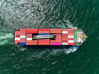 Aerial view small size container ship full speed and working crane bridge loading container for...