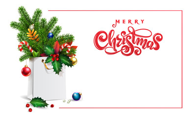Gold Vector lettering text Merry Christmas. 3d Shopping bag, spruce, fir branches, xmas decorations, balls, holly leaves