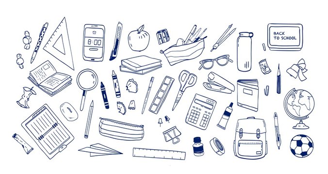 Bundle of school supplies or stationery hand drawn with contour lines on white background. Set of drawings of accessories for lessons, items for education. Monochrome realistic vector illustration.