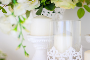 Obraz na płótnie Canvas Wedding bouquet of white roses in a vase. Wedding decorations. White Rose.