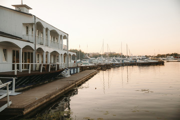 pink sunset on the pier in the yacht club