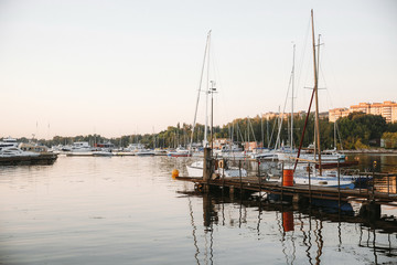 pink sunset on the pier in the yacht club