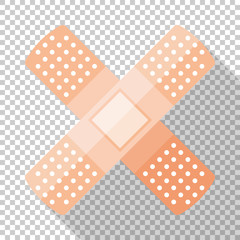 Adhesive plaster or sticking-plaster icon in flat style with long shadow on transparent background