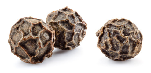 Black pepper. Peppercorn isolated on white. Macro. Full depth of field.