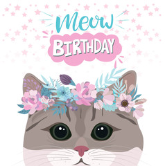 Happy Birthday greeting card with cute cat in flower. Editable vector illustration