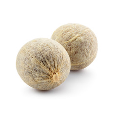 White pepper isolated on white background. Two dry peppercorns. Macro. Full depth of field.