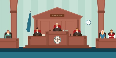 Courtroom with panel of judges sitting behind desk or bench, secretary, witnesses. Court or tribunal resolving dispute. Trial or legal proceeding. Colorful vector illustration in flat cartoon style.