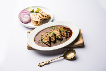 Patodi Rassa Bhaji or patwadi Sabji, a popular Maharashtrian spicy recipe served with Chapati and salad. Selective focus